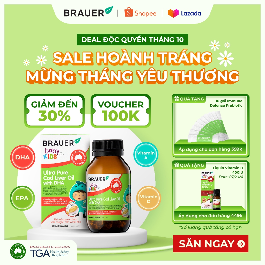 Vitamin BRAUER Baby & Kids Ultra Pure Cod Liver Oil with DHA - Bổ sung DHA tinh khiết cho trẻ từ 1 tuổi (90 viên nang)