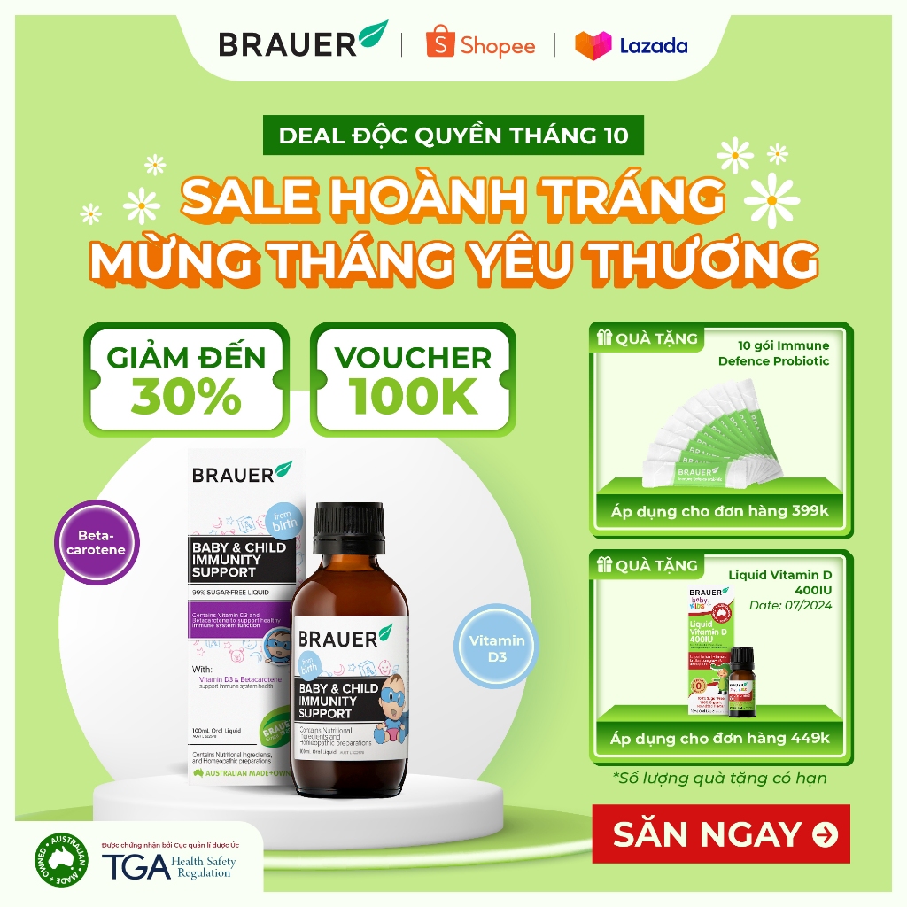 Siro BRAUER Baby & Child Immunity Support - Hỗ trợ Tăng cường Hệ miễn dịch & Đề kháng (100ml)