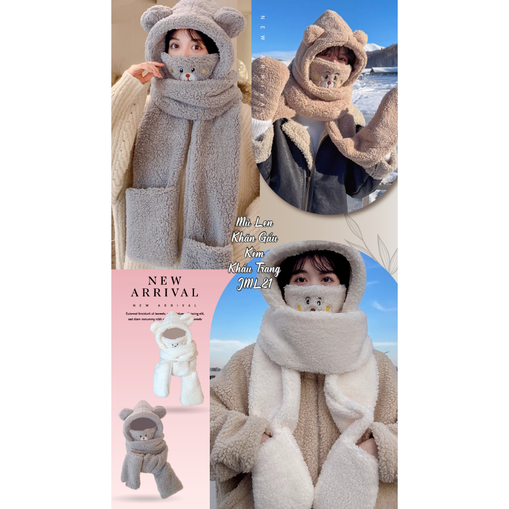 Mũ Len Tai Gấu Trùm Đầu JML21 Kèm Khăn, Khẩu Trang Và Găng Tay 4 Trong 1 Jussy Official Mũ Gấu Len Lông Dày Mịn Ấm Áp