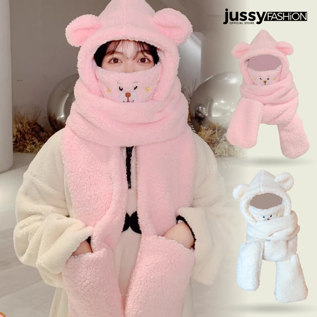 Mũ Len Tai Gấu Trùm Đầu JML21 Kèm Khăn, Khẩu Trang Và Găng Tay 4 Trong 1 Jussy Official Mũ Gấu Len Lông Dày Mịn Ấm Áp