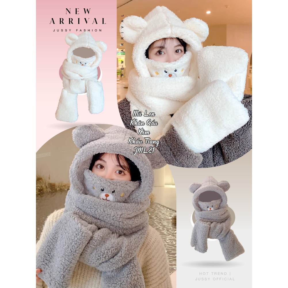 Mũ Len Tai Gấu Trùm Đầu JML21 Kèm Khăn, Khẩu Trang Và Găng Tay 4 Trong 1 Jussy Official Mũ Gấu Len Lông Dày Mịn Ấm Áp