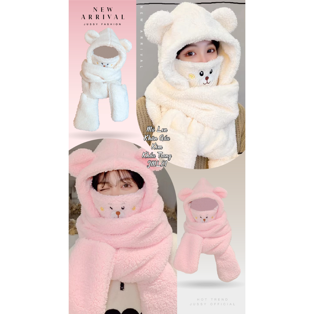 Mũ Len Tai Gấu Trùm Đầu JML21 Kèm Khăn, Khẩu Trang Và Găng Tay 4 Trong 1 Jussy Official Mũ Gấu Len Lông Dày Mịn Ấm Áp