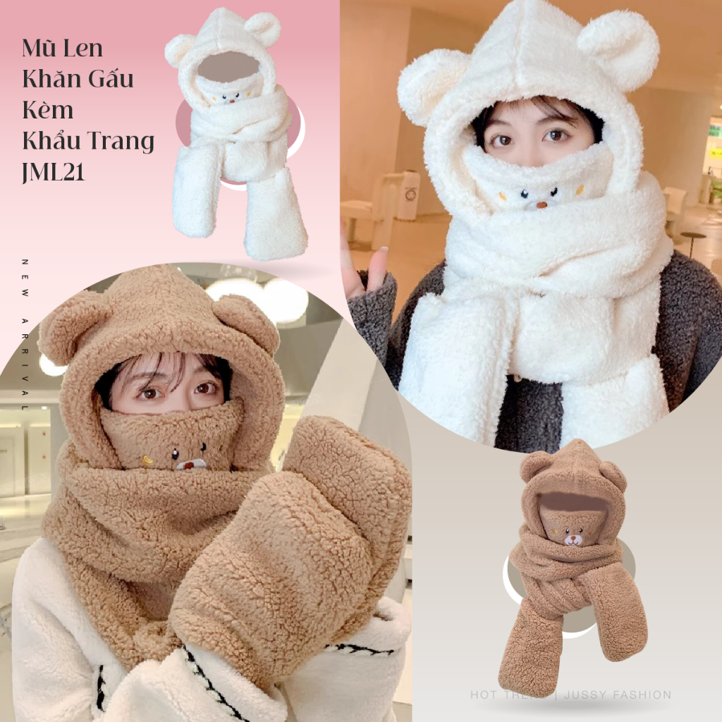 Mũ Len Tai Gấu Trùm Đầu JML21 Kèm Khăn, Khẩu Trang Và Găng Tay 4 Trong 1 Jussy Official Mũ Gấu Len Lông Dày Mịn Ấm Áp