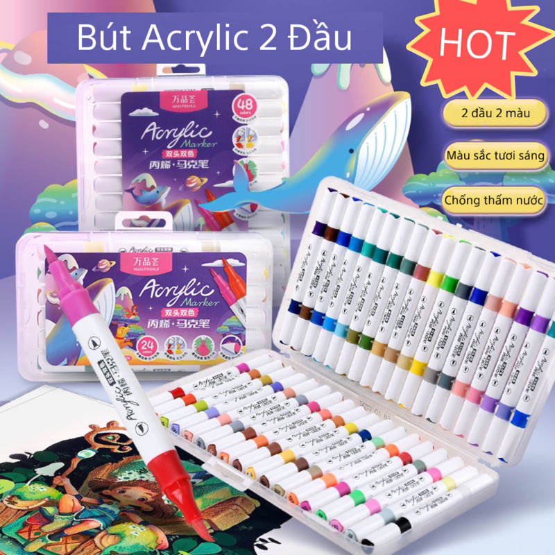 Bộ 72 Màu ACRYLIC 2 Đầu 2 Màu Chống Thấm nước Vẽ được Trên mọi bề mặt,lau sạch khi dính lên da-Kèm Hộp nhựa Mẫu Mới
