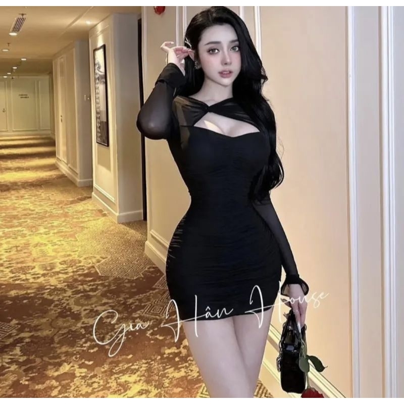 Đầm Tay Dài Xoắn Cổ Phối Lưới - Ngắn Nhún Thân Ôm Body Sexy - Tiểu Thư Bánh Bèo Cute Sang Chảnh Dạo Phố Đi Chơi Tiệc