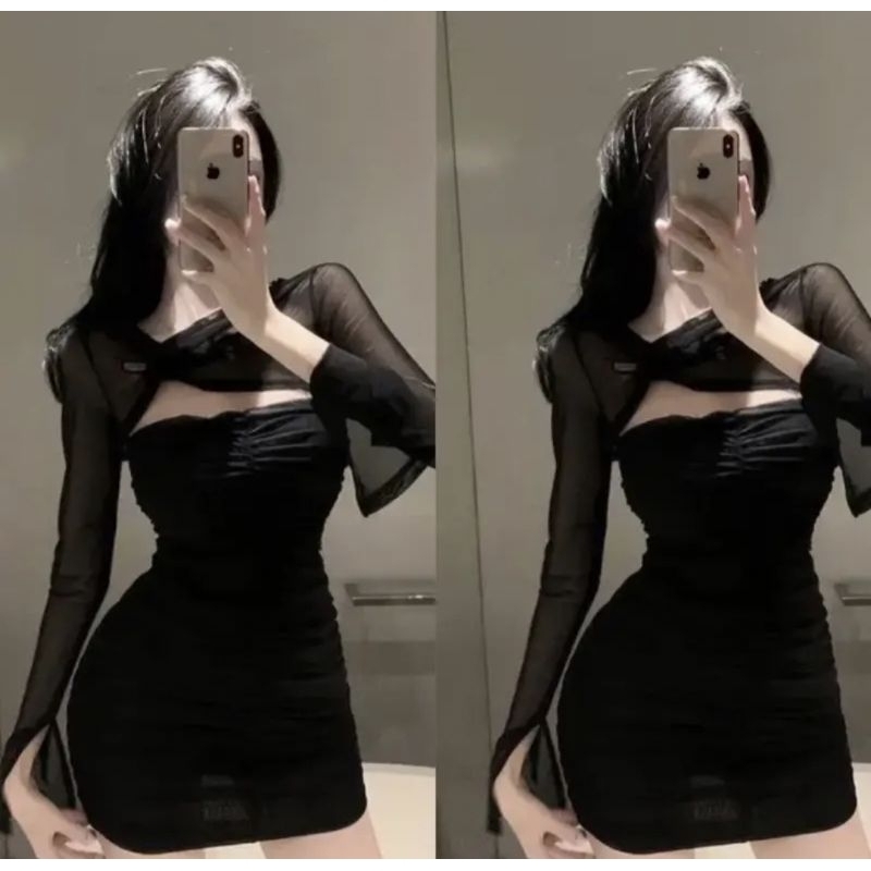 Đầm Tay Dài Xoắn Cổ Phối Lưới - Ngắn Nhún Thân Ôm Body Sexy - Tiểu Thư Bánh Bèo Cute Sang Chảnh Dạo Phố Đi Chơi Tiệc