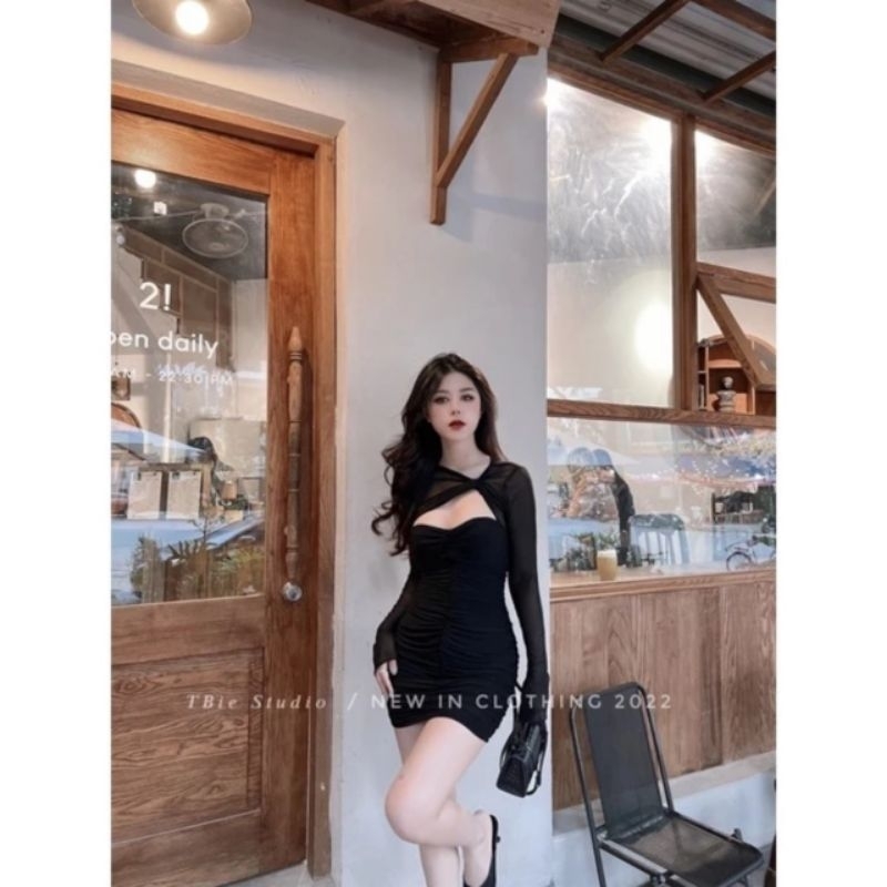 Đầm Tay Dài Xoắn Cổ Phối Lưới - Ngắn Nhún Thân Ôm Body Sexy - Tiểu Thư Bánh Bèo Cute Sang Chảnh Dạo Phố Đi Chơi Tiệc