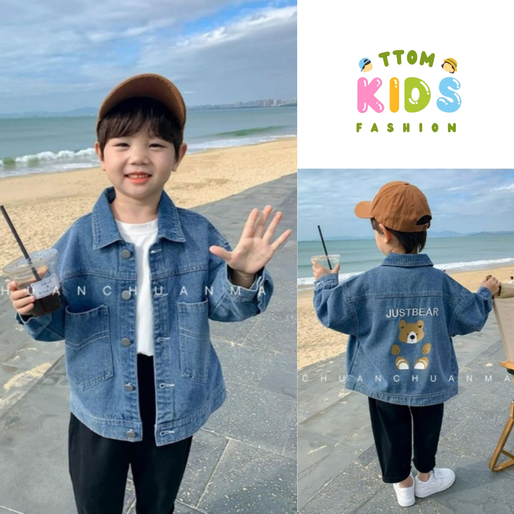 Áo khoác jeans cho bé in hình gấu dễ thương từ 10kg - 26kg, áo khoác bò xanh cho bé trai bé gái A04 Ttom.kids