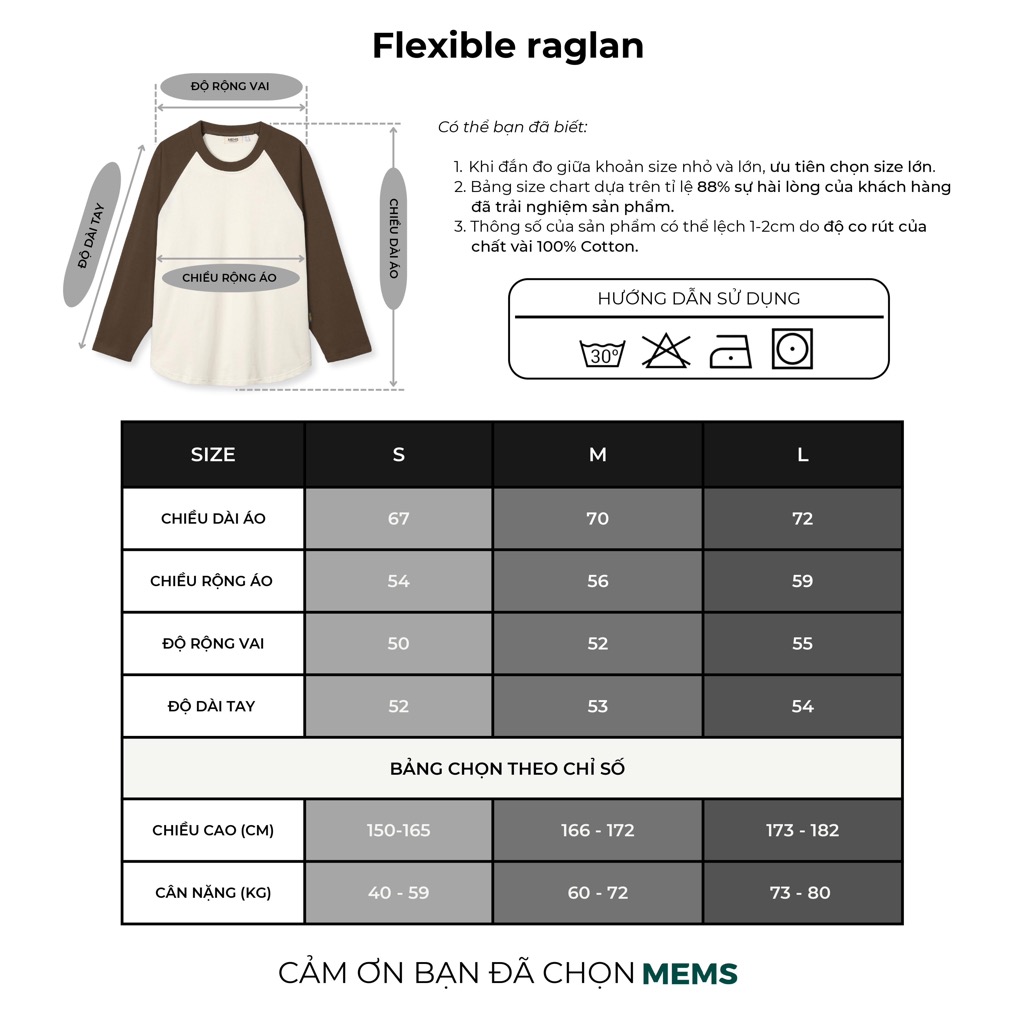 Flexible raglan Cream Brown Choco | MEMS Áo thun cotton nam nữ tay dài trơn cổ tròn áo phối màu