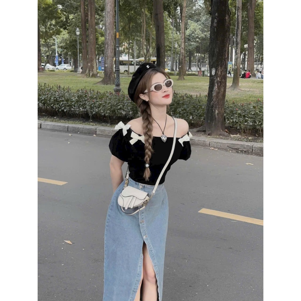 Set váy thời trang nữ,set váy áo bẹt vai tay phồng đính nơ chất nhung mềm mix chân váy xẻ tà chất jean/denim cực xinh