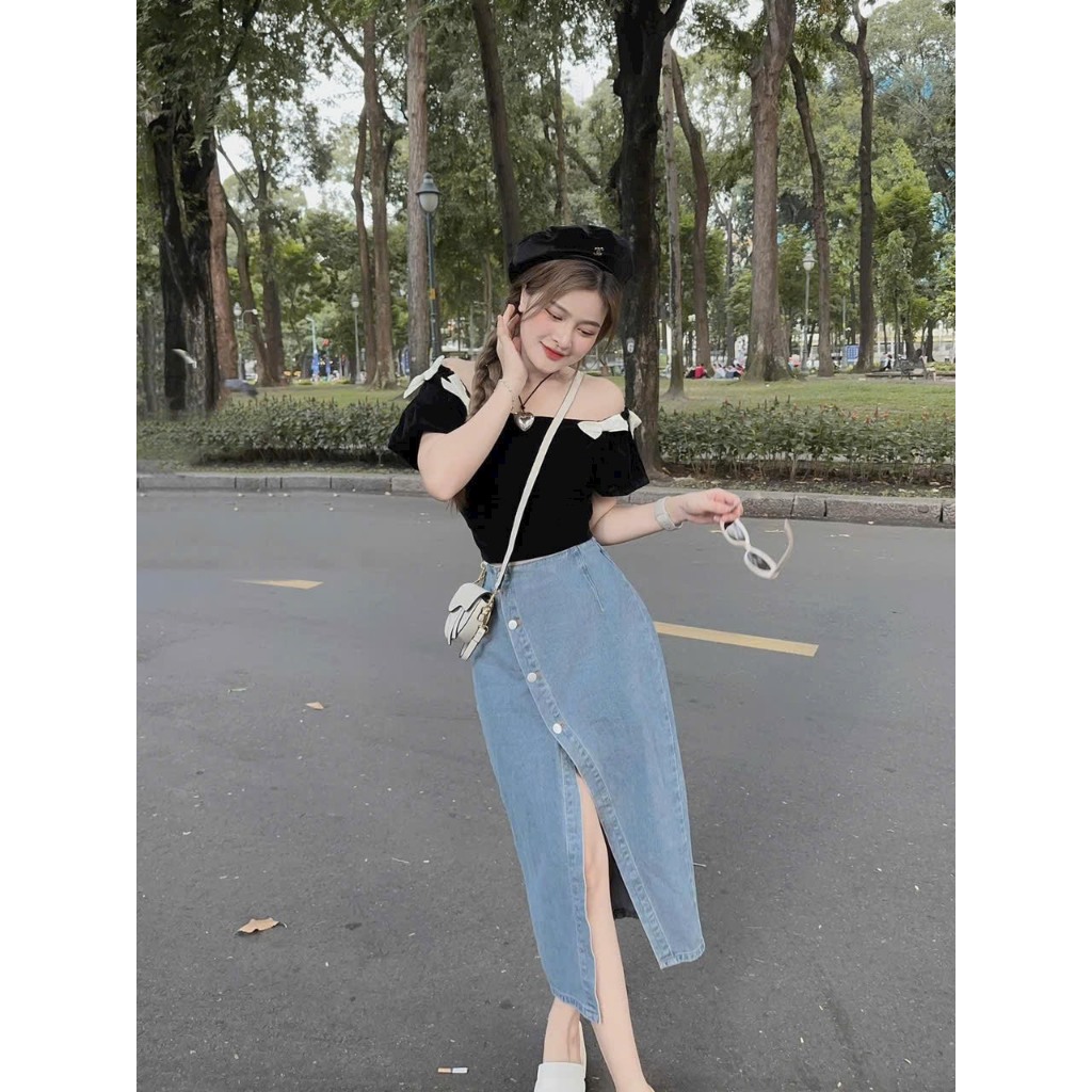Set váy thời trang nữ,set váy áo bẹt vai tay phồng đính nơ chất nhung mềm mix chân váy xẻ tà chất jean/denim cực xinh