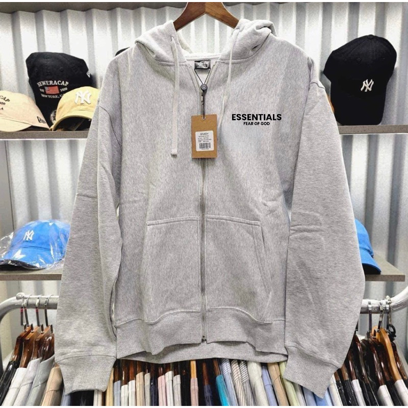 Hoodie Zip Xám Tiêu Ess Nỉ Bông Cotton 100% Dày Dặn Full Tag