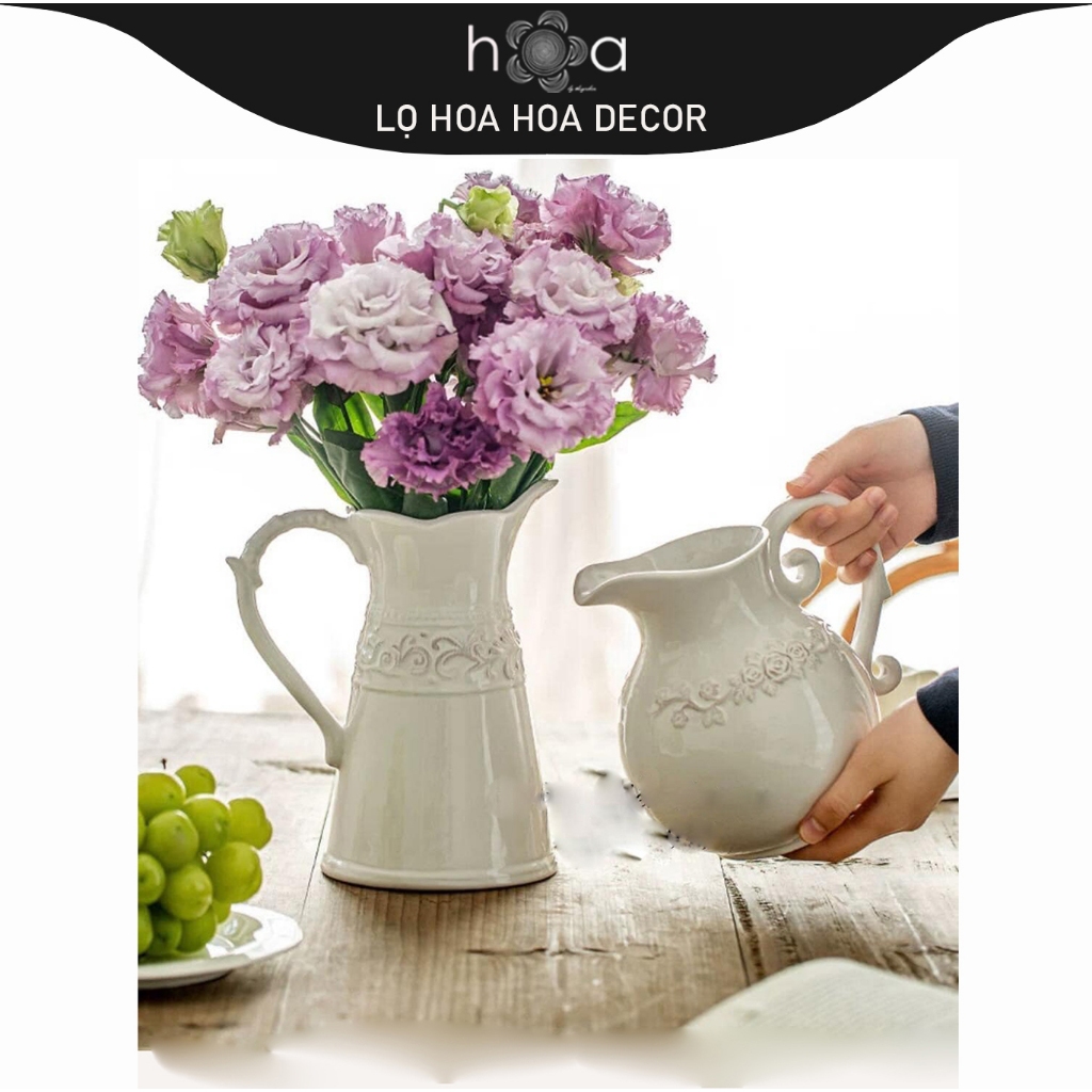 Lọ hoa gốm đẹp dáng quai, thân khắc hoa lá (có ảnh chụp thật)Lọ hoa h.O.a Decor