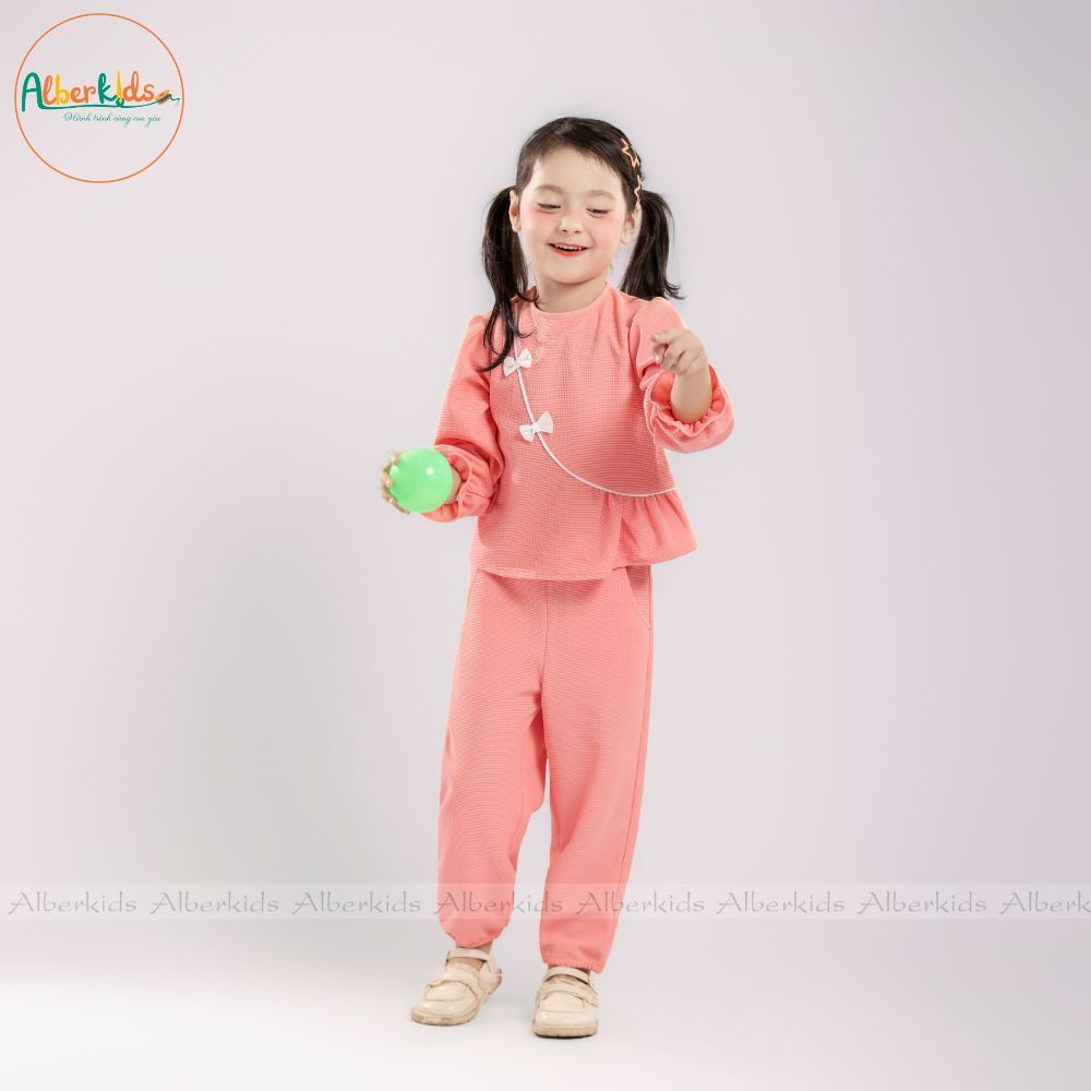 Bộ đồ bé gái ALBERKIDS dài tay vạt chéo nơ cổ tròn công chúa xinh đẹp cho trẻ em 2,3,4,5,6,7,8,9,10,11,12 tuổi [A0256]