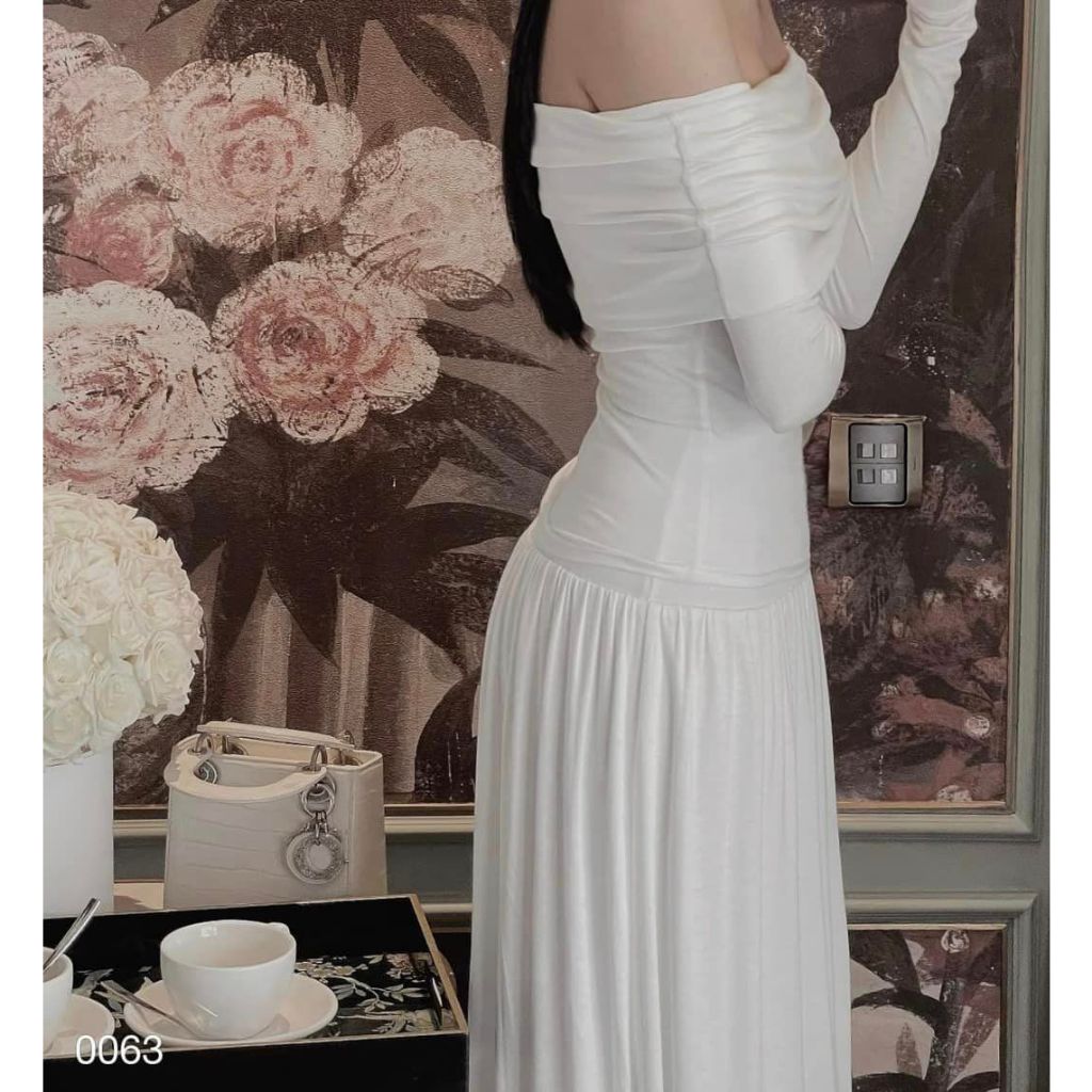 Đầm Dự Tiệc MARIS DESIGN, Váy Đẹp Trễ Vai Nàng Thơ Dài Tay M0010