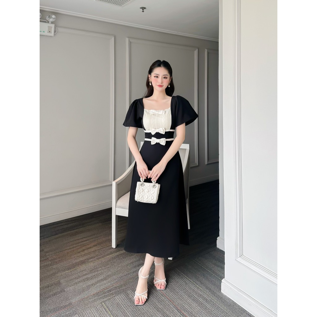 Đầm Dự Tiệc Cao Cấp MARIS DESIGN, Váy Đẹp Phối Ren Nơ Eo Đi Chơi Đi Làm M0014