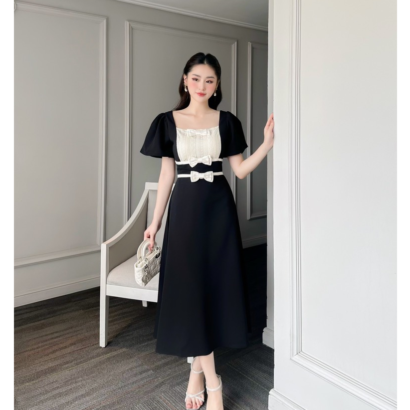 Đầm Dự Tiệc Cao Cấp MARIS DESIGN, Váy Đẹp Phối Ren Nơ Eo Đi Chơi Đi Làm M0014