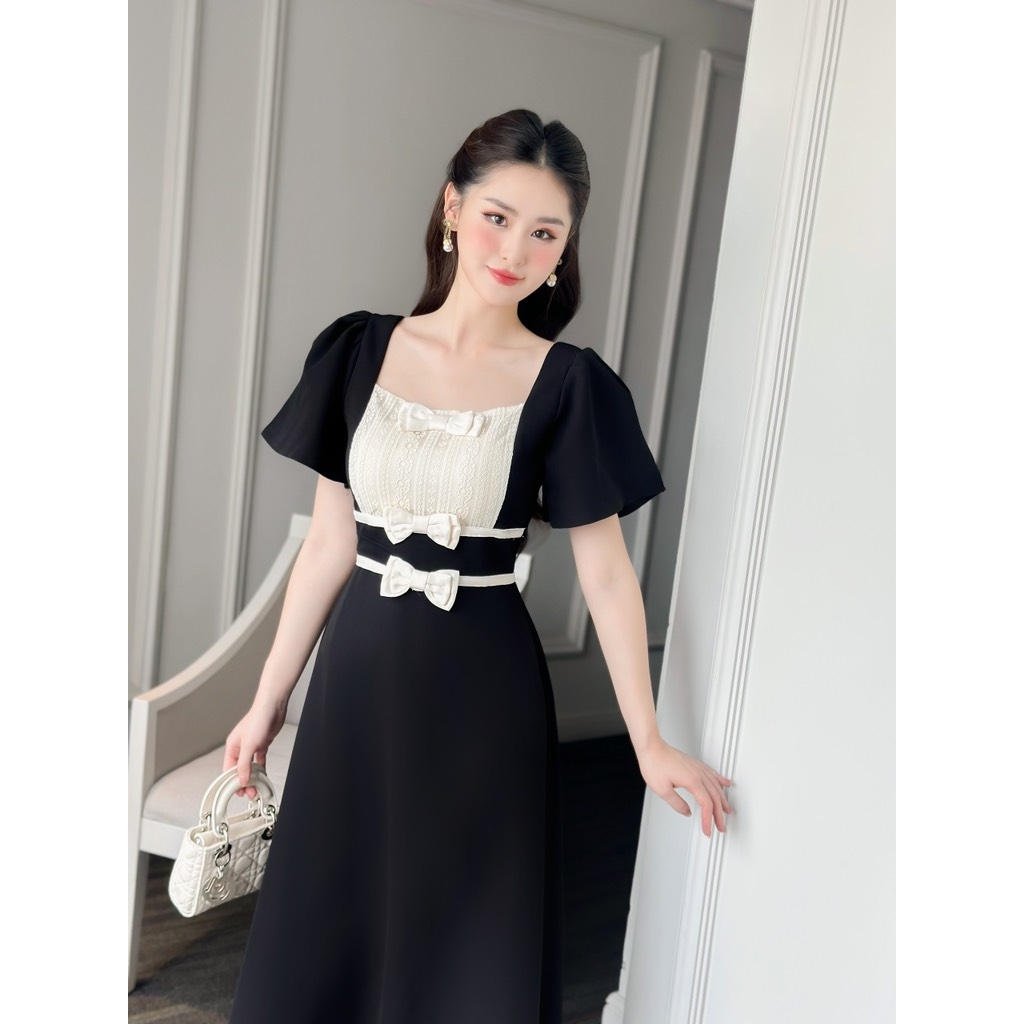 Đầm Dự Tiệc Cao Cấp MARIS DESIGN, Váy Đẹp Phối Ren Nơ Eo Đi Chơi Đi Làm M0014