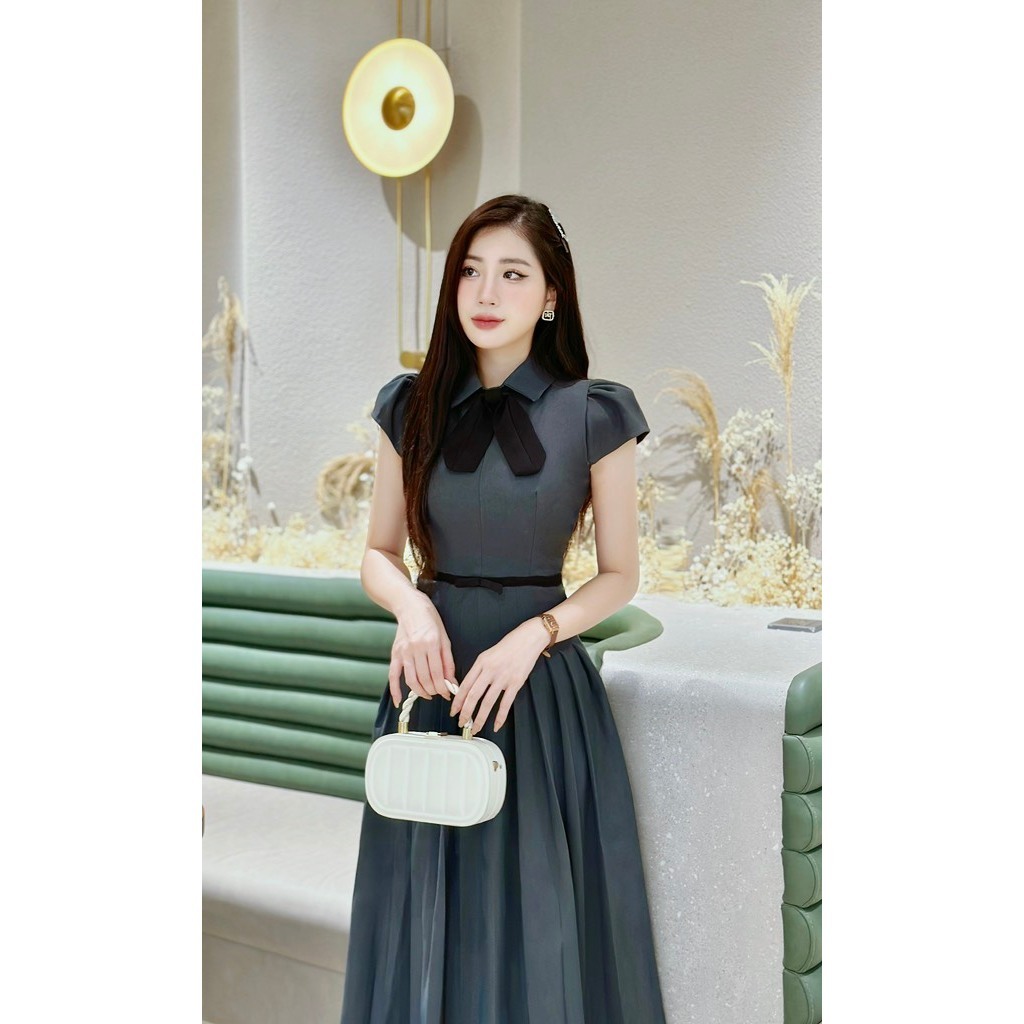 Đầm Dự Tiệc MARIS DESIGN, Váy Đẹp Màu Xám Ghi Ngắn Tay M0018
