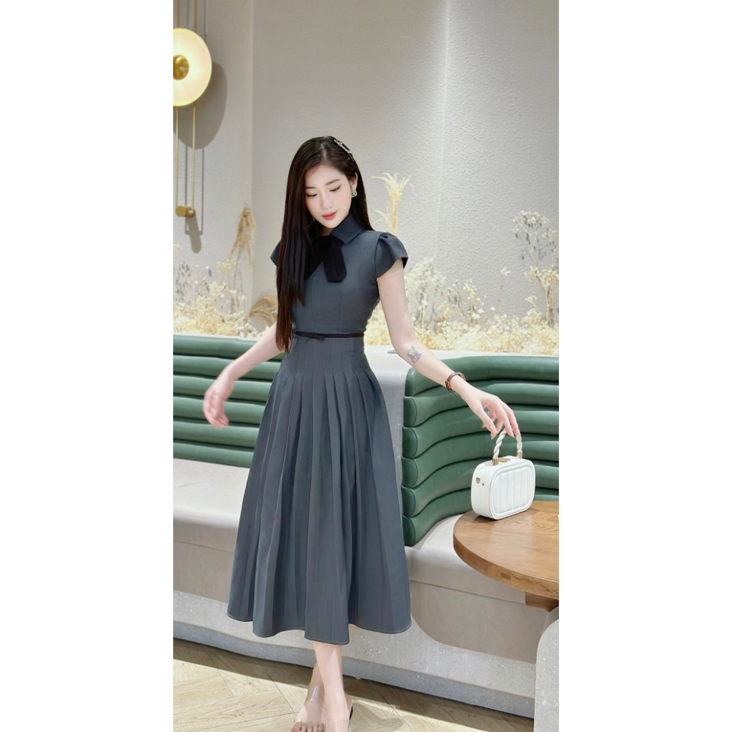 Đầm Dự Tiệc MARIS DESIGN, Váy Đẹp Màu Xám Ghi Ngắn Tay M0018