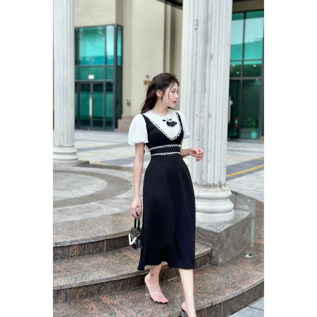 Đầm Dự Tiệc Cao Cấp MARIS DESIGN, Váy Đẹp Phối Ren Kèm Nơ Đá Sang Chảnh M0003