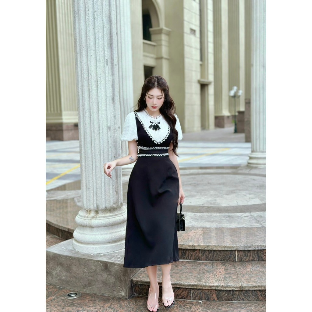 Đầm Dự Tiệc Cao Cấp MARIS DESIGN, Váy Đẹp Phối Ren Kèm Nơ Đá Sang Chảnh M0003