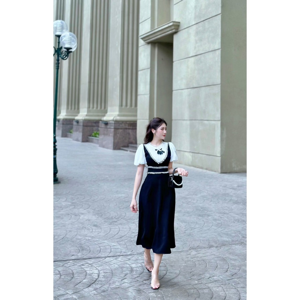 Đầm Dự Tiệc Cao Cấp MARIS DESIGN, Váy Đẹp Phối Ren Kèm Nơ Đá Sang Chảnh M0003