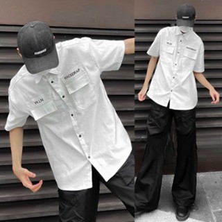 Áo sơ mi nam nữ chất kaki tay lỡ logo thêu đẹp 2 màu trắng đen