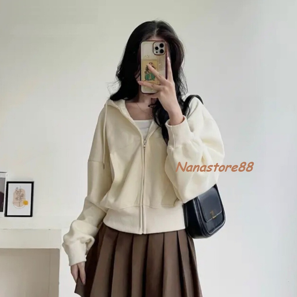 Áo khoác nỉ nữ dài tay có mũ, áo khoác nỉ croptop form rộng Bigsize Nanastore 229T