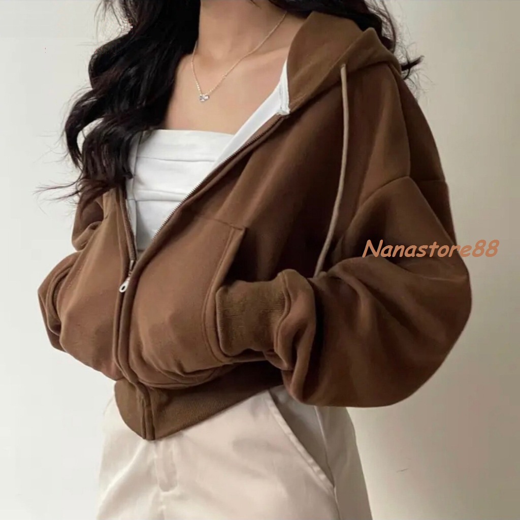 Áo khoác nỉ nữ dài tay có mũ, áo khoác nỉ croptop form rộng Bigsize Nanastore 229T