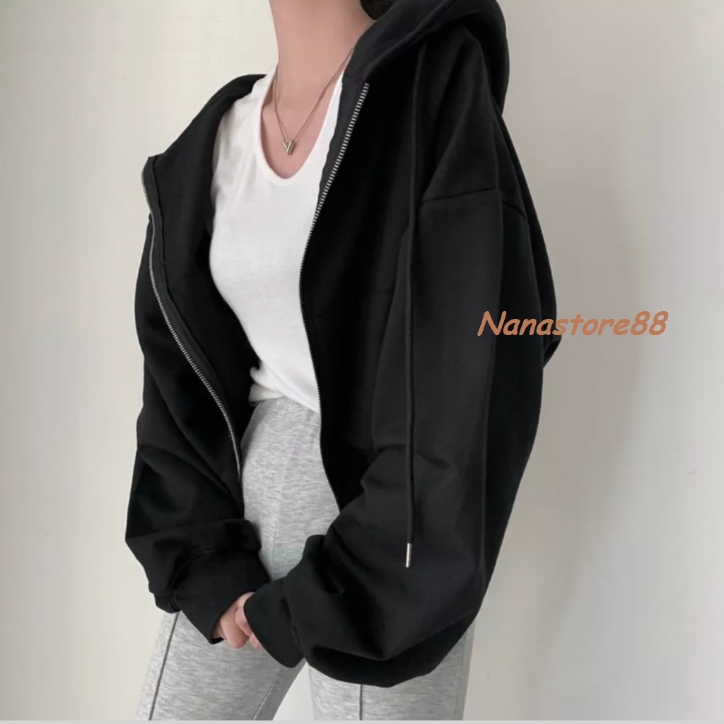Áo khoác nỉ nữ dài tay có mũ, áo khoác nỉ croptop form rộng Bigsize Nanastore 229T