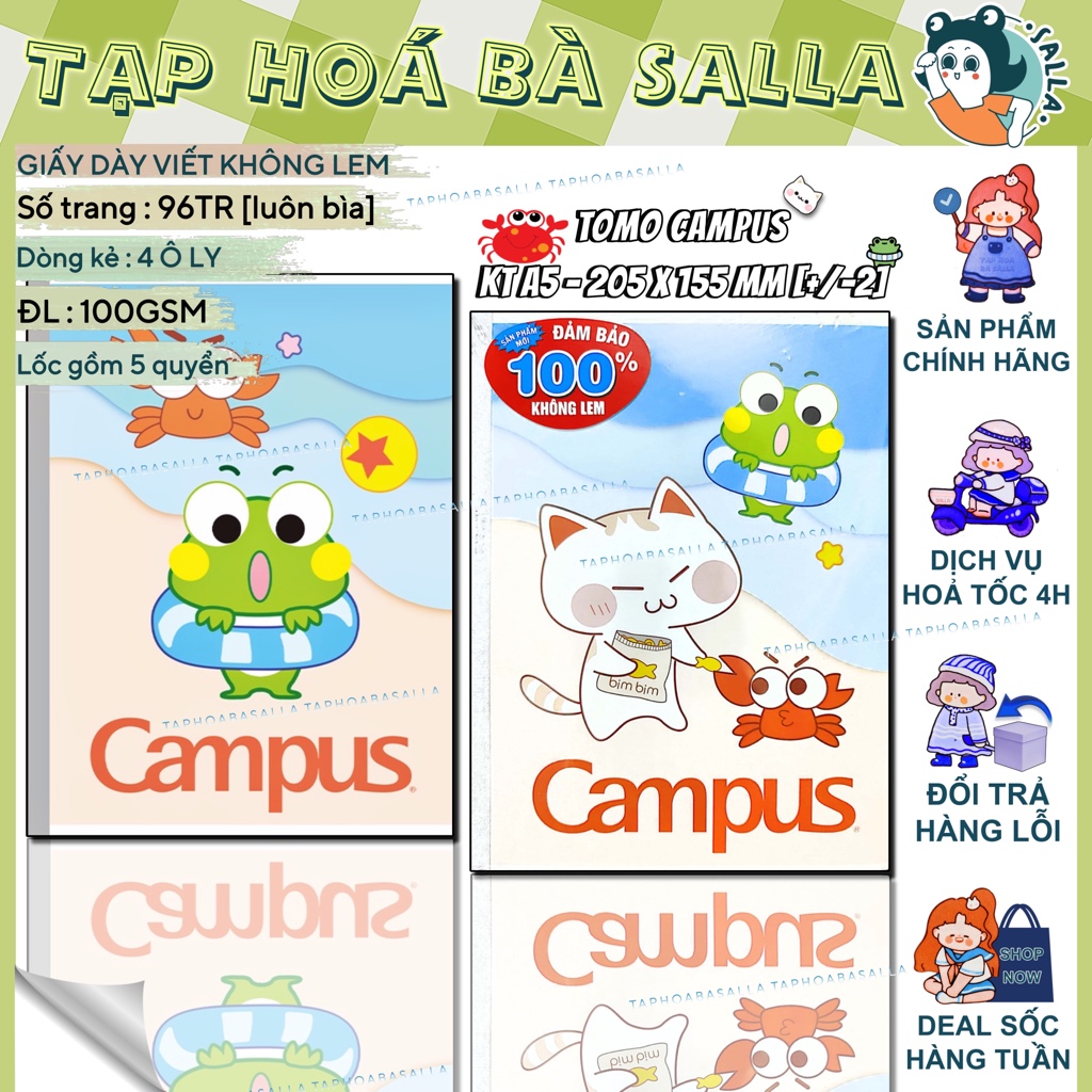 Lốc 05 Quyển Vở Kẻ Ô Ly 96 Trang - Campus Tomo ĐL 100Gsm Khổ A5