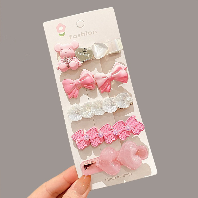 Set 5 chiếc kẹp tóc màu hồng phong cách hàn quốc nhiều chi tiết dễ thương