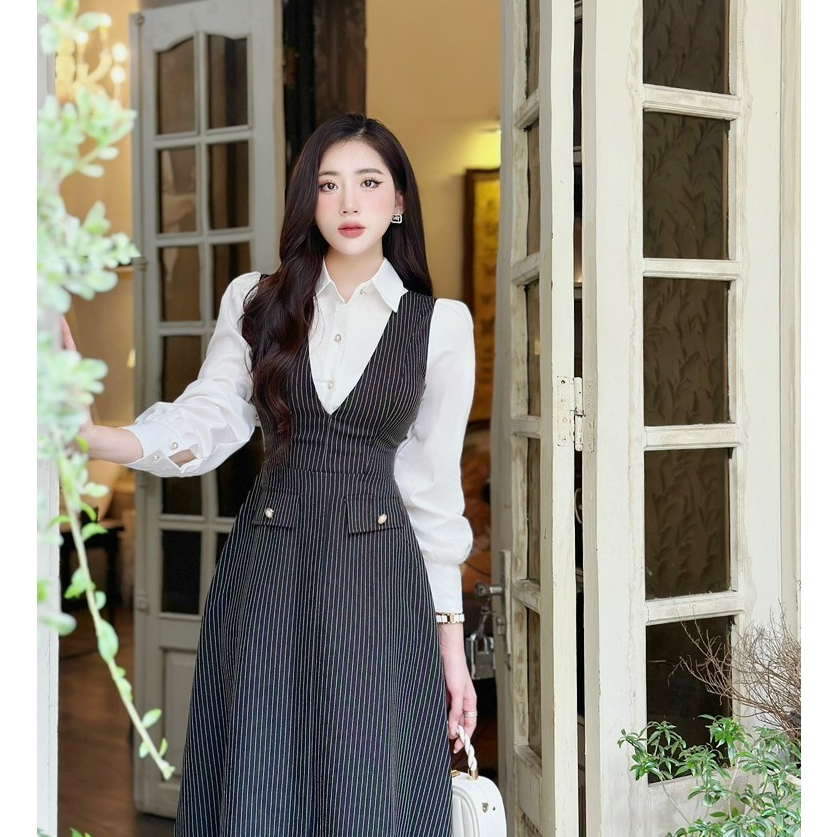 Đầm Dự Tiệc MARIS DESIGN, Váy Đẹp Màu Ghi Phối Thô Trắng M0012