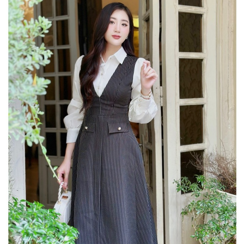 Đầm Dự Tiệc MARIS DESIGN, Váy Đẹp Màu Ghi Phối Thô Trắng M0012