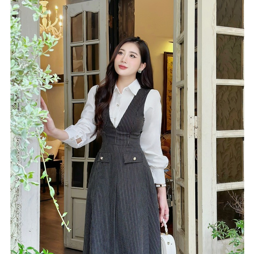 Đầm Dự Tiệc MARIS DESIGN, Váy Đẹp Màu Ghi Phối Thô Trắng M0012