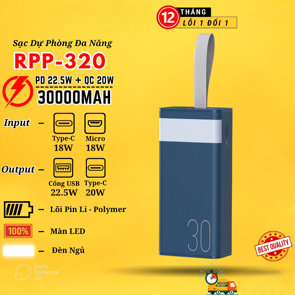 Pin Sạc Dự Phòng 30000mAh 22.5W Remax RPP-320 - Sạc Nhanh PD 20W - Sạc Nhanh 3 Thiết Bị Cùng Lúc - Hàng Chính Hãng