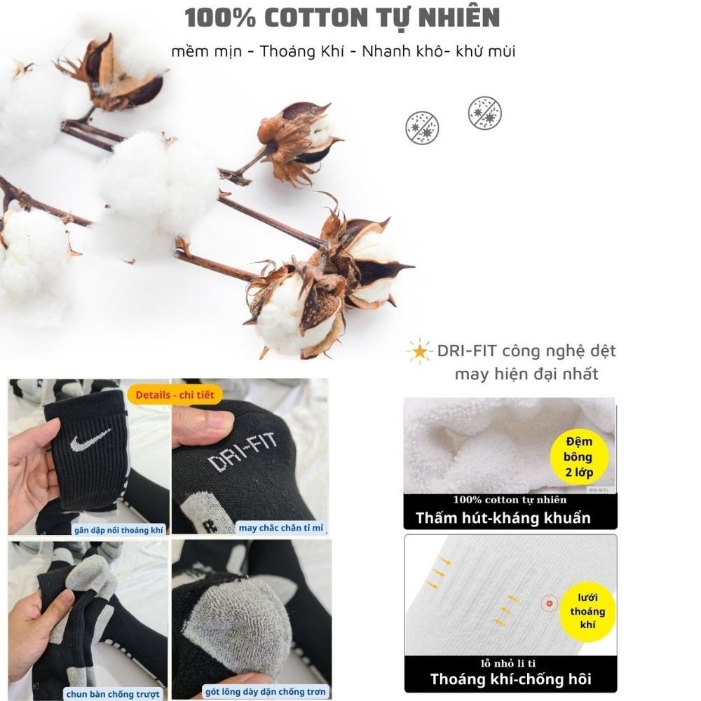 Pack 3 đôi tất vớ Cổ Cao Nike Elite Crew - Chất Cotton Thấm Hút Mồ Hôi Chống Hôi Chân Khi Chơi Thể Thao