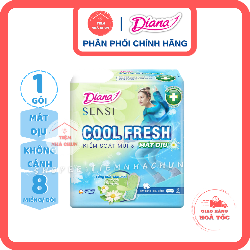 [BVS DIANA SENSI HOA CÚC MÁT DỊU KHÔNG CÁNH 23CM] Gói 8 Miếng Băng Vệ Sinh Hoa Cúc Cool Fresh siêu mỏng mặt bông