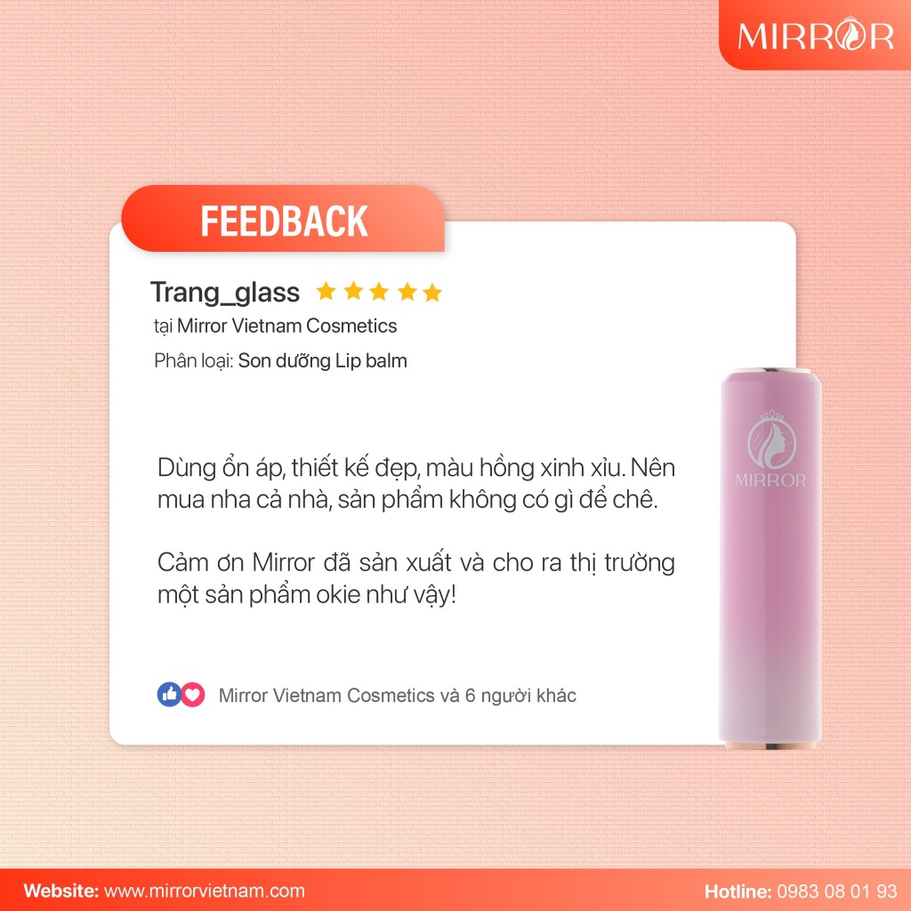 Son dưỡng môi không màu MIRROR Lip Balm  - Dưỡng ẩm, môi hồng hào, căng bóng