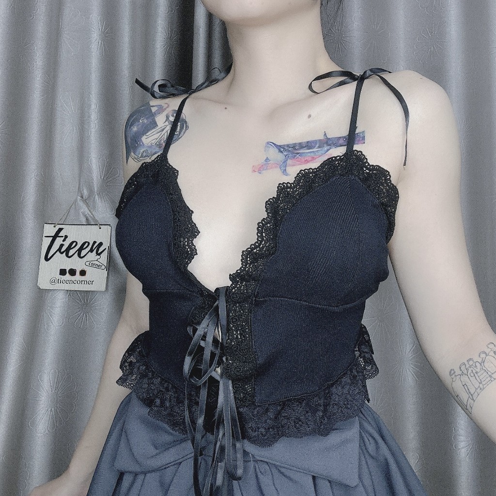 Áo 2 dây thun gân mỏng nhẹ phối viền ren dây buộc rời phong cách quyến rũ lolita tieencorner 181