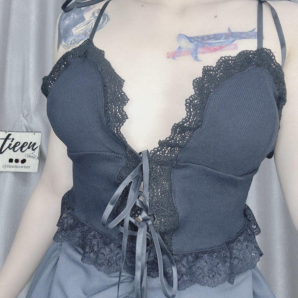 Áo 2 dây thun gân mỏng nhẹ phối viền ren dây buộc rời phong cách quyến rũ lolita tieencorner 181