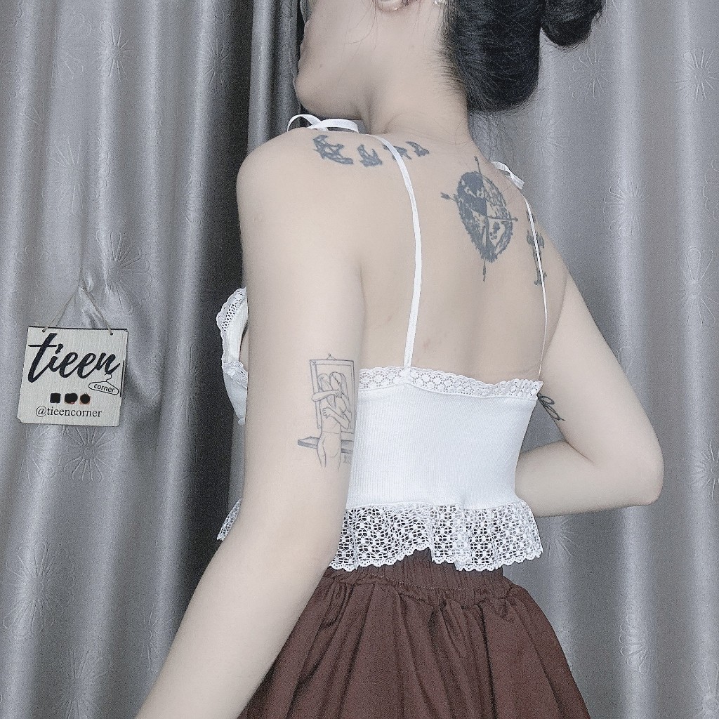 Áo 2 dây thun gân mỏng nhẹ phối viền ren dây buộc rời phong cách quyến rũ lolita tieencorner 181