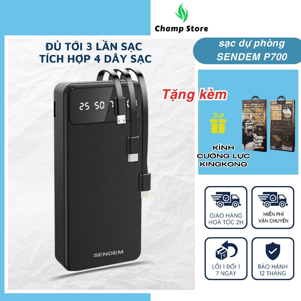 Sạc Dự Phòng Dung Lượng Pin 10000mAh Tích Hợp 4 Loại Cáp Sạc Siêu Nhanh Có Màn Hình Led Báo Phần Trăm Pin SENDEM P700