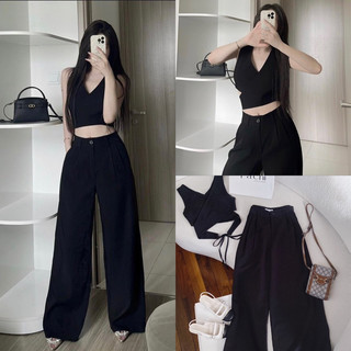 Set áo đen bệt vai + quần suông