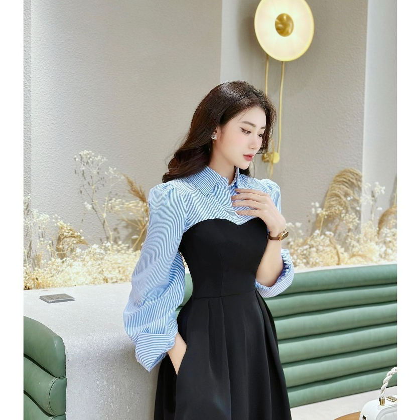 Đầm Dự Tiệc Cao Cấp MARIS DESIGN, Váy Đẹp Dài Tây Phối Thô Xanh M0015