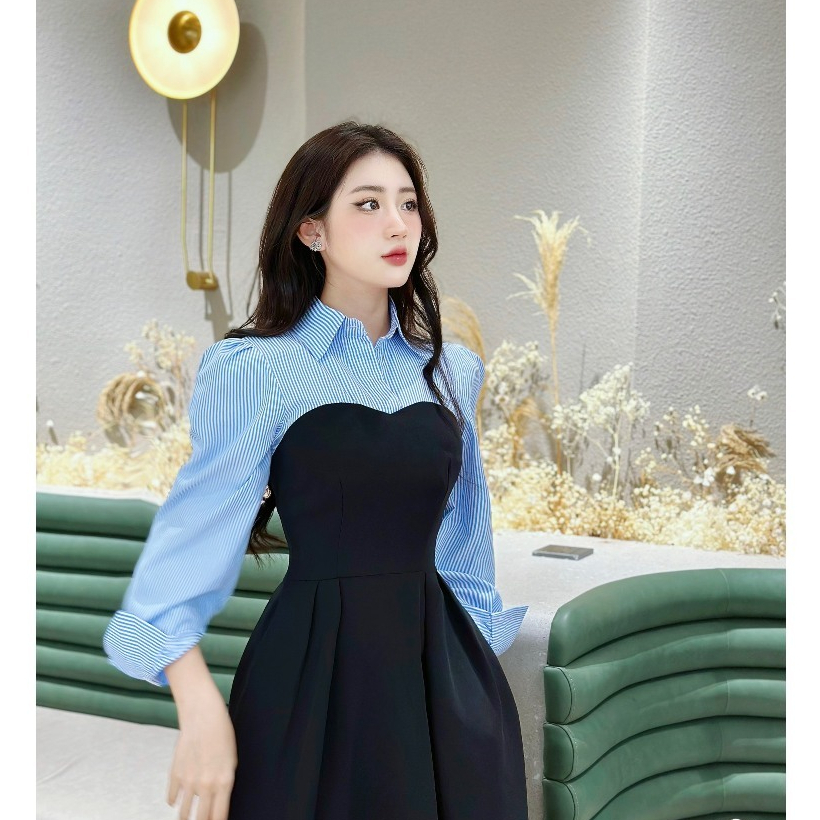 Đầm Dự Tiệc Cao Cấp MARIS DESIGN, Váy Đẹp Dài Tây Phối Thô Xanh M0015