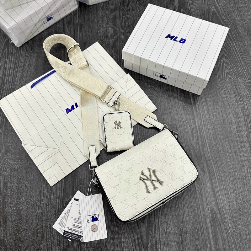 Túi xách đeo chéo MLB NY da cao cấp logo kim loại, Túi sách đeo vai in dập chữ kèm ví nhỏ full box thời trang 20K Store