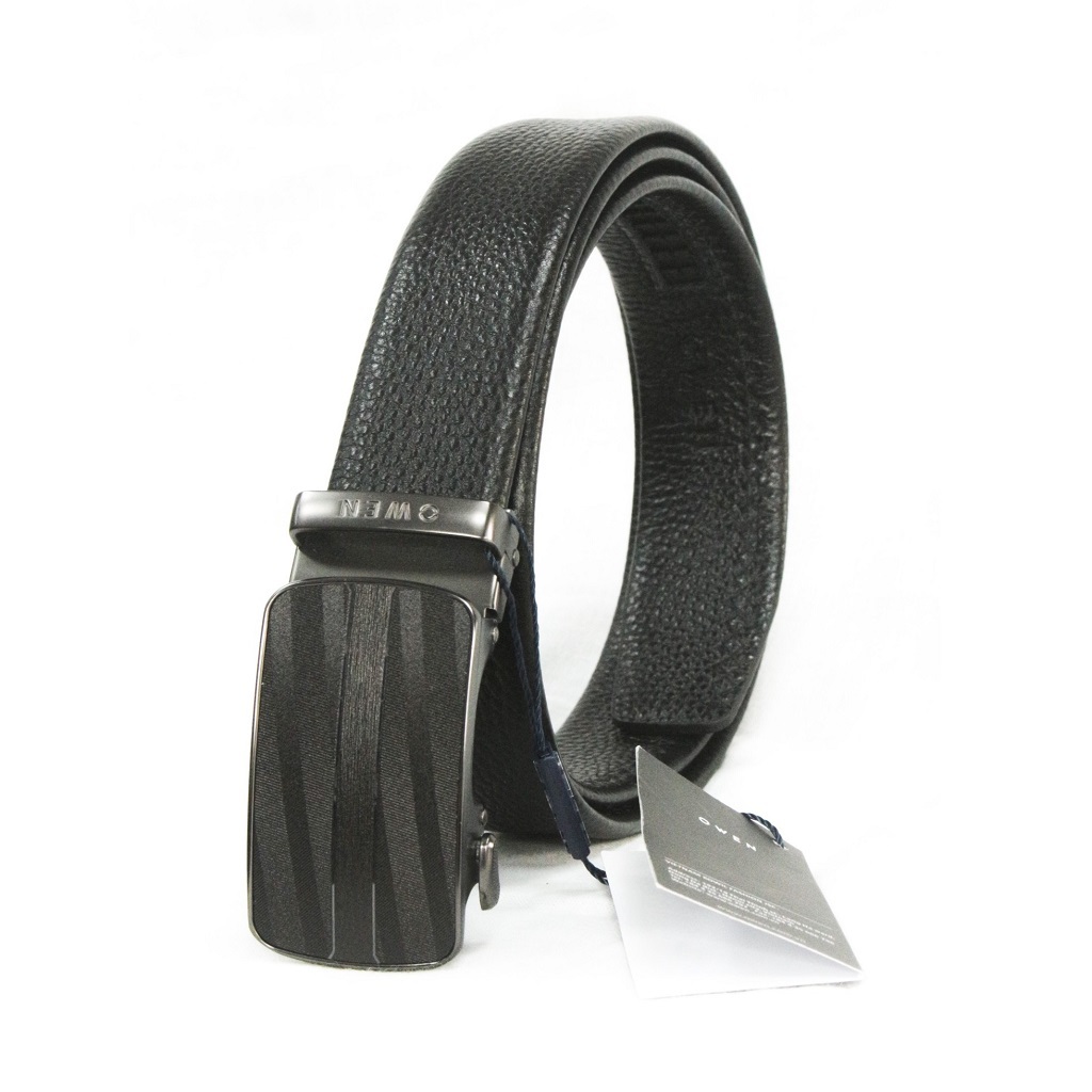 Thắt lưng da bò nam cao cấp OWEN BELT220595 dây nịt da thật màu đen mặt hợp kim đúc nguyên khối khóa trượt tự động