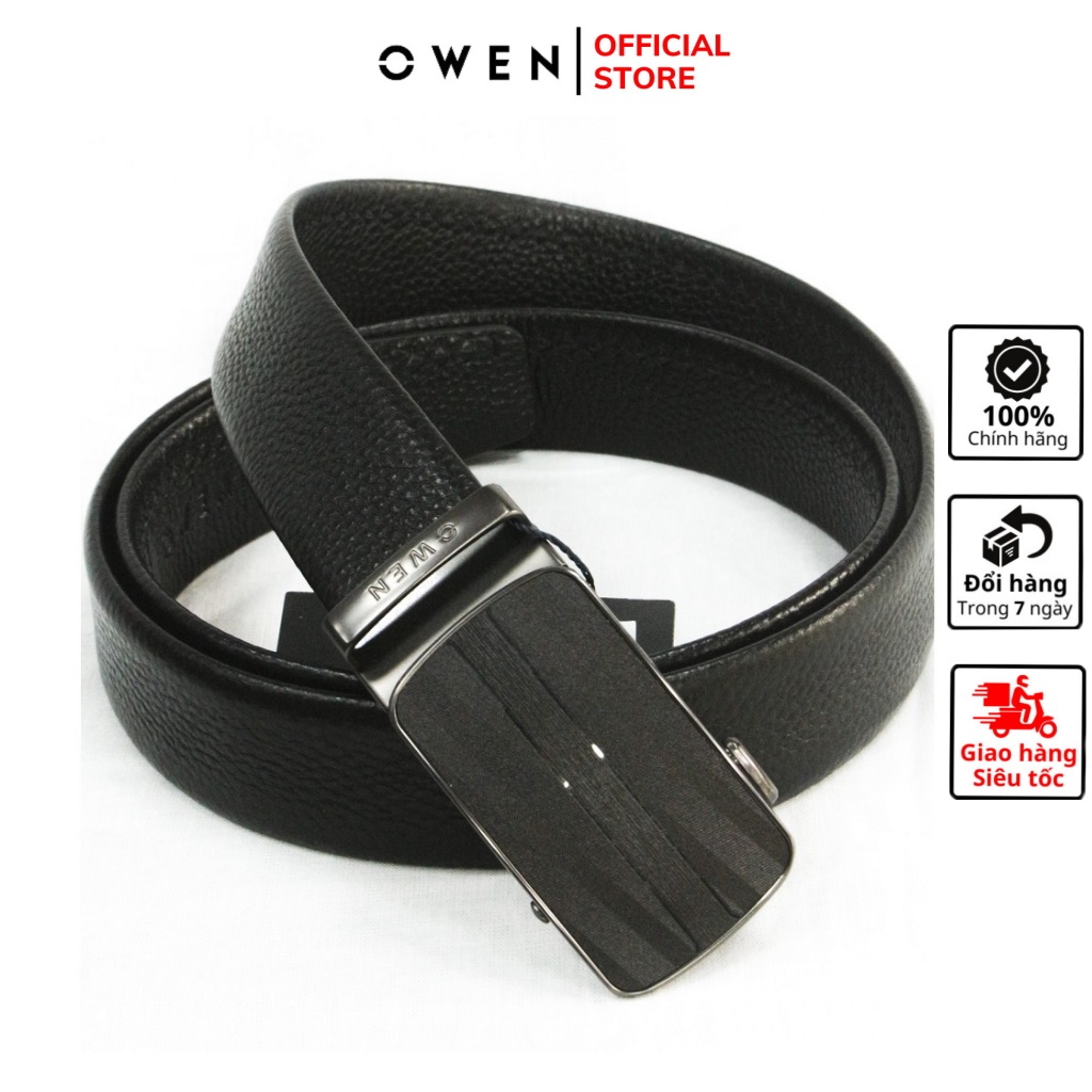 Thắt lưng da bò nam cao cấp OWEN BELT220595 dây nịt da thật màu đen mặt hợp kim đúc nguyên khối khóa trượt tự động